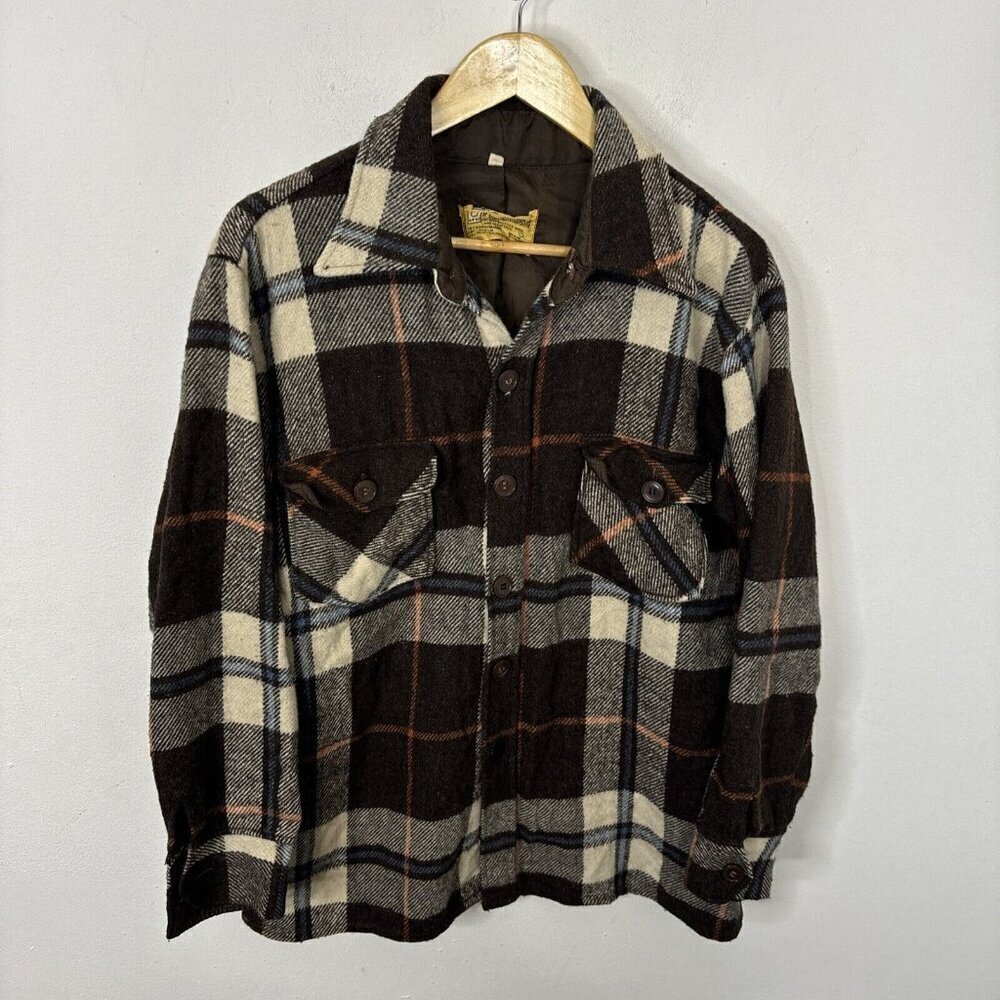 Vintage Lucerne Men M 70s‎ Plaid Shacket Button Shirt Brown Wool Linen